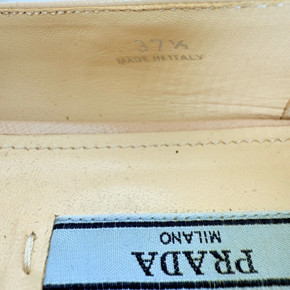 Prada Beige/ Nude Saffiano Leather Logo bowtie embellished Ballet flats EU 37.5 - Picture 7 of 8